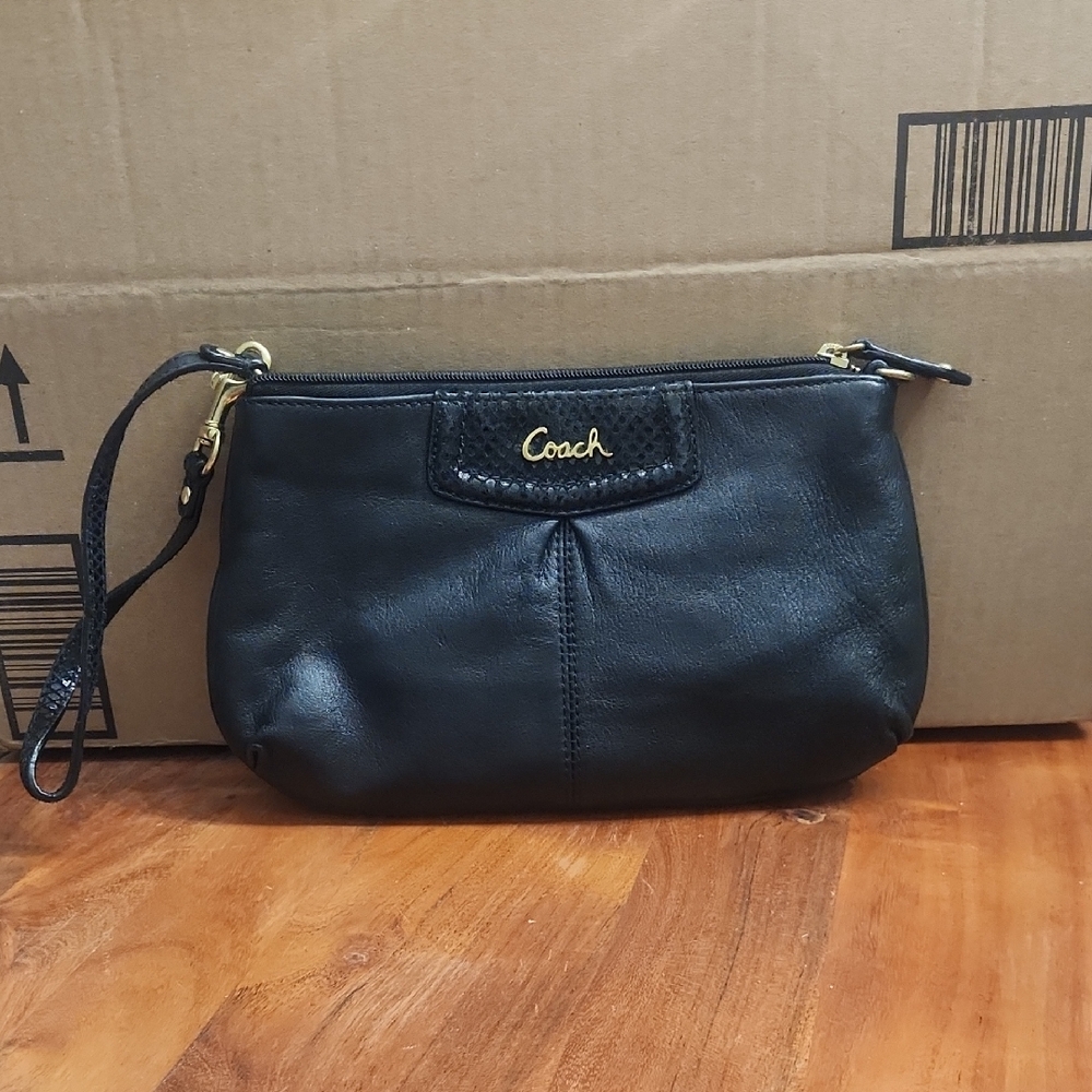 Coach Black Leather Wristlet with Gold Accents